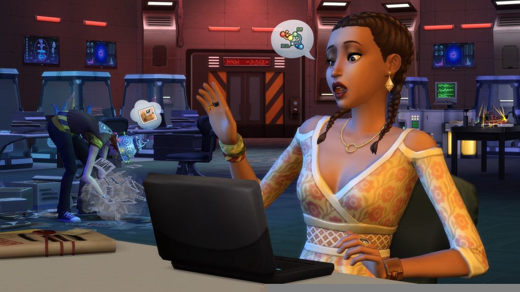 The Sims 4 StrangerVille cafe with laptop