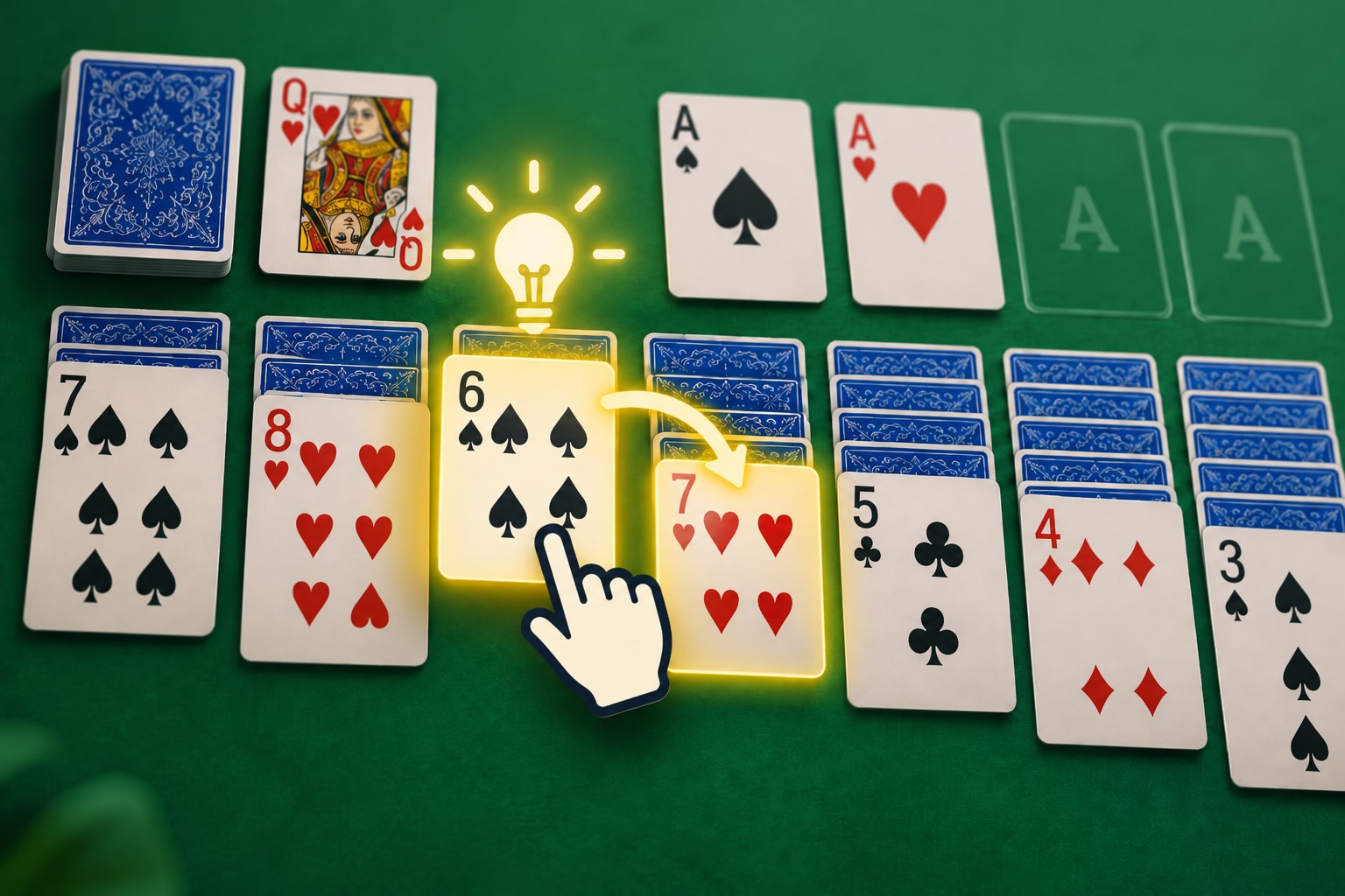 Klondike Solitaire game showing a suggested move from a black six to a red seven