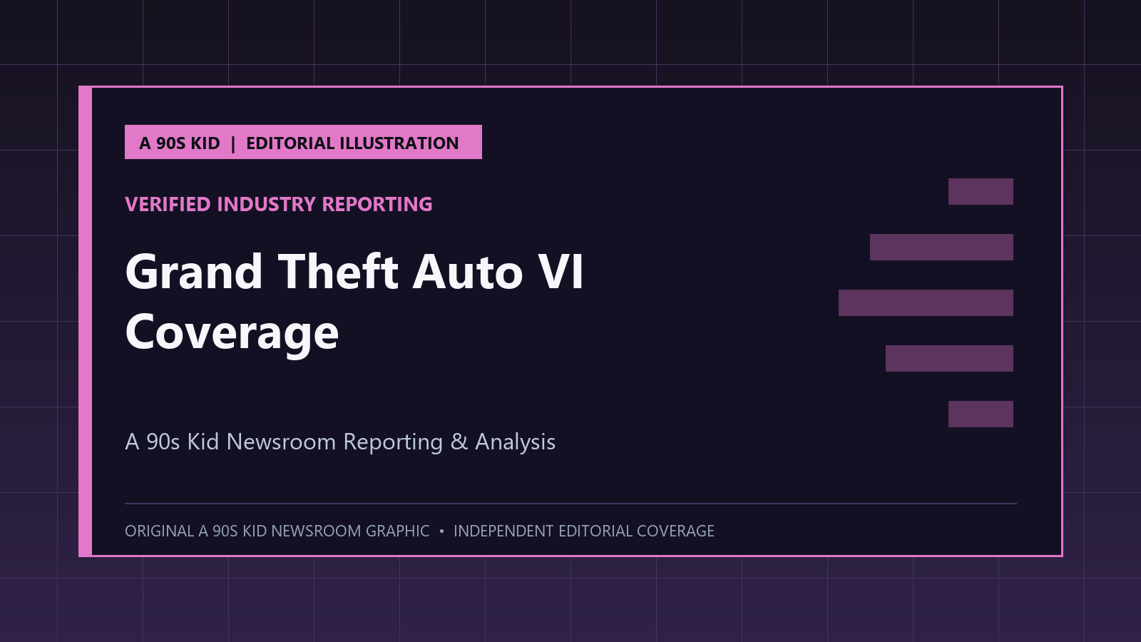 A 90s Kid original editorial illustration for Grand Theft Auto VI Coverage (Verified Industry Reporting)
